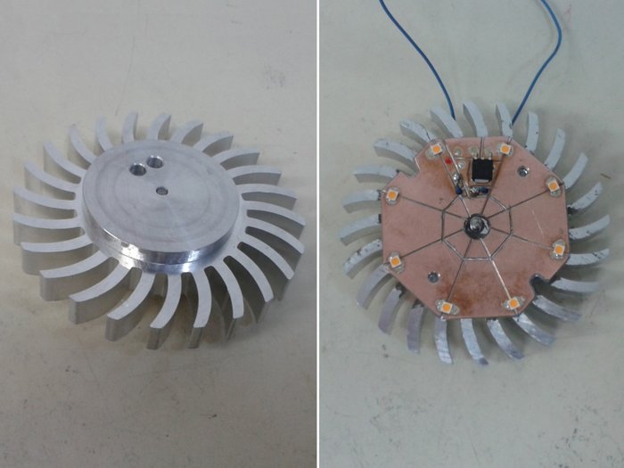 Die Platine sitzt bereits mit Wärmeleitkleber, der versaute Kühlkörper muss noch gereinigt werden. Vorm Festschrauben fiel mir gerade noch rechteitig auf, daß ich das Lackieren vergessen hatte.