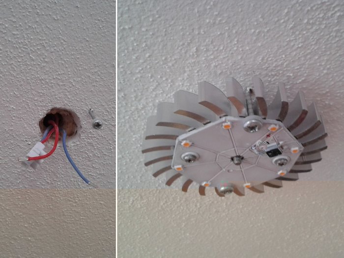 Das Holz hinter den Löchern in der Decke erlaubt ein direktes Anschrauben der Lampen. Rechts sieht man auch, für was die Aussparungen in den Platinen gut sind. Die handwerklich etwas grobe Anmutung verschwindet fast vollständig hinter der Milchglasscheibe und ist noch keinem Besucher aufgefallen.