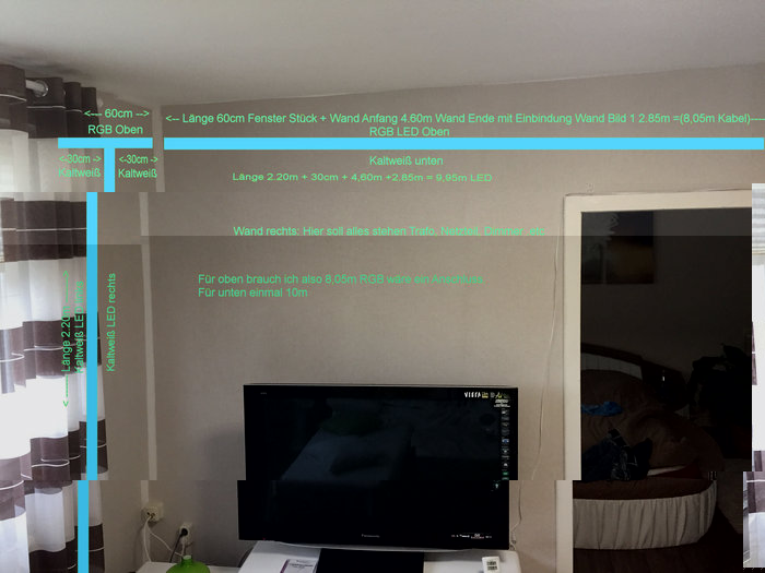 Hier ist die Bemaßung von der rechten Wand. Hier sind ebenfalls 3 Anschlüsse. 1x RGB LEDS 8,05m und 1x kaltweiß 9,95m sowie 1x 2,50m