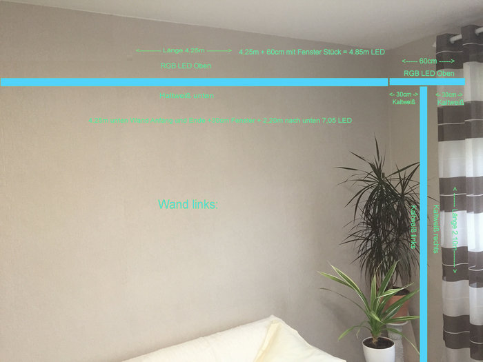 Hier sind 3 Anschlüsse die zum Trafo gehen sollen 1x RGB LED's 4,85m Oben und 1x kaltweiß unten 7,05m sowie 1x kaltweiß 2,50m